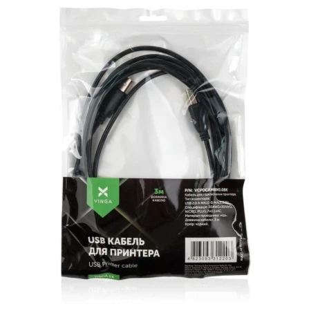Кабель Vinga USB Type A - USB Type B 3 м USB 2.0 (VCPDCAMBM3.0BK)